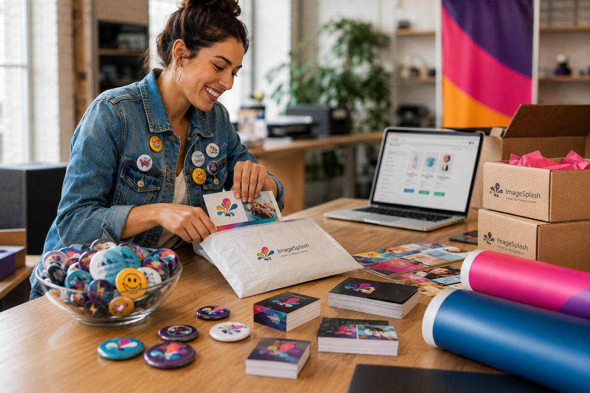 An Image Splash order being packed into a branded mailer alongside shipping boxes